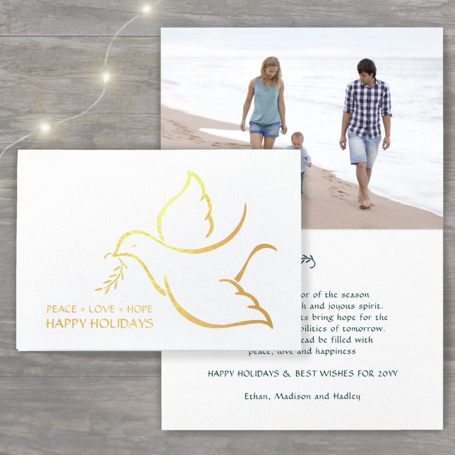Carte Dorée Joyeuses vacances Dove Peace Love Hope Modern 1 Ph (Créateur téléchargé)