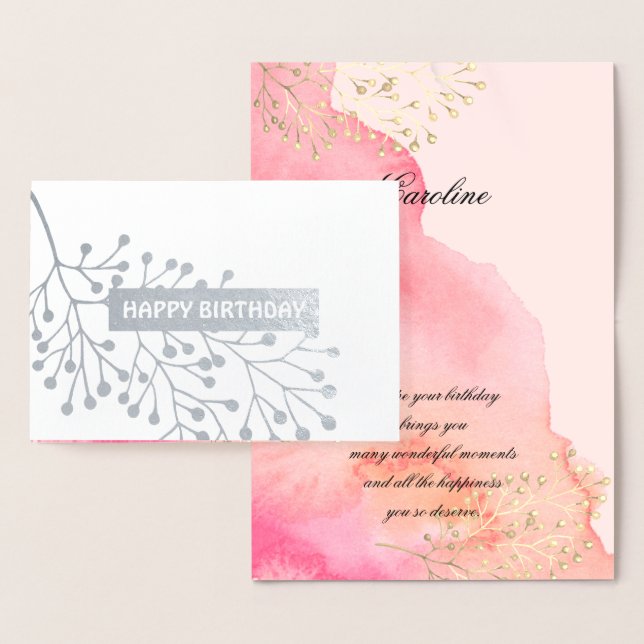 Carte Dorée Joyeux anniversaire. Aquarelle Botanique Rose Luxe (Affichage)