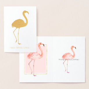 Carte Dorée Joyeux anniversaire du Flamant rose rose