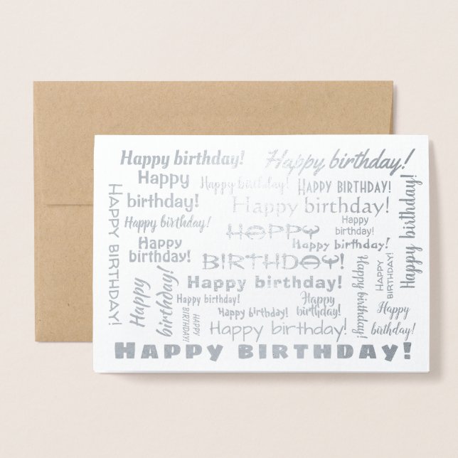 Carte Dorée Joyeux Anniversaire Mot Cloud Typographie Argent (Devant avec enveloppe)