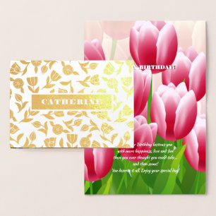 Carte Dorée Joyeux anniversaire. Sping Tulip Luxe Véritable Ca