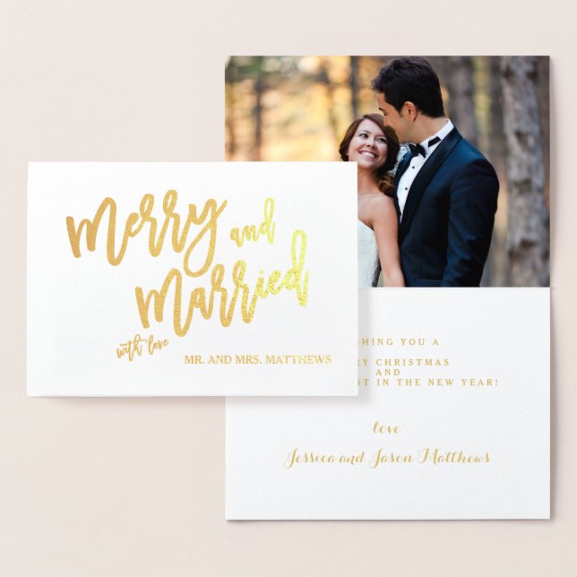 Carte Dorée Joyeux et marié Gold Foil Script photo de vacances (Affichage)