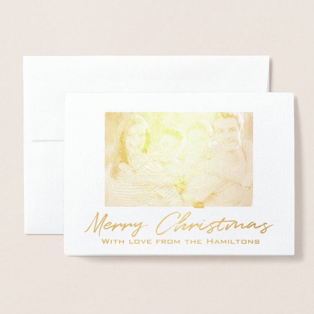Carte Dorée Joyeux Noël 2 Photo Famille blanche à l'intérieur  (Devant avec enveloppe)