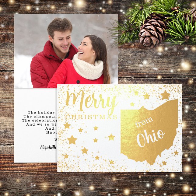 Carte Dorée Joyeux Noël depuis Ohio State Photo (Show pride in your state and share Christmas greetings in style with gold foil photo folded cards.)