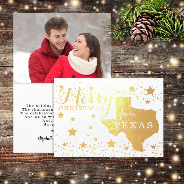 Carte Dorée Joyeux Noël du Texas State Outline Photo Foi (Show pride in your state and share Christmas greetings in style with gold foil photo folded cards.)