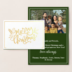 Carte Dorée Joyeux Noël Famille Photo Green Gold Foil Card