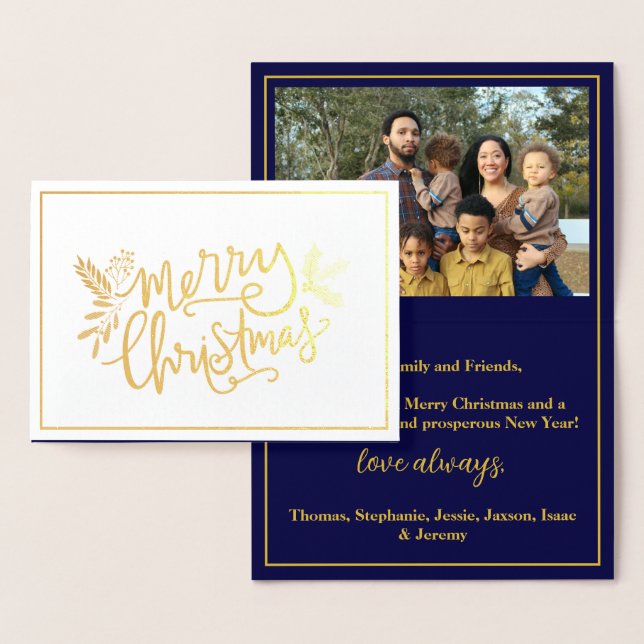 Carte Dorée Joyeux Noël Famille Photo Marine Gold Foil Card (Affichage)