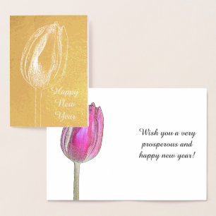 Carte Dorée Joyeux Nouvel An Tulip Floral Pink