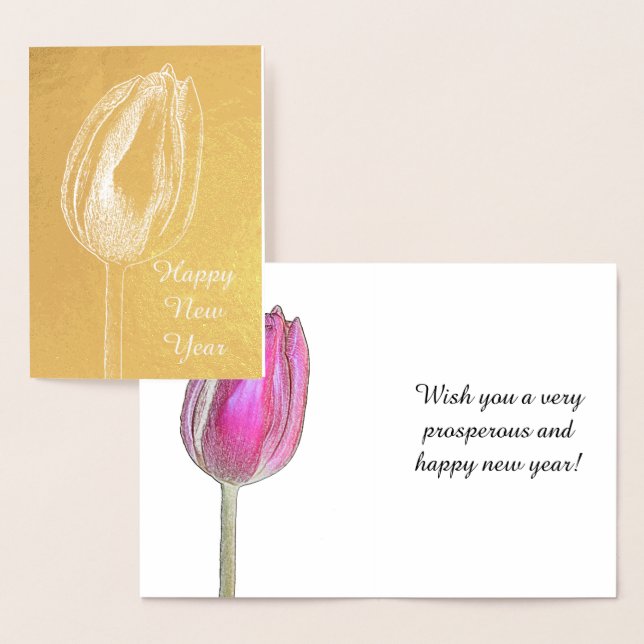 Carte Dorée Joyeux Nouvel An Tulip Floral rose Fleur Photo Art (Affichage)