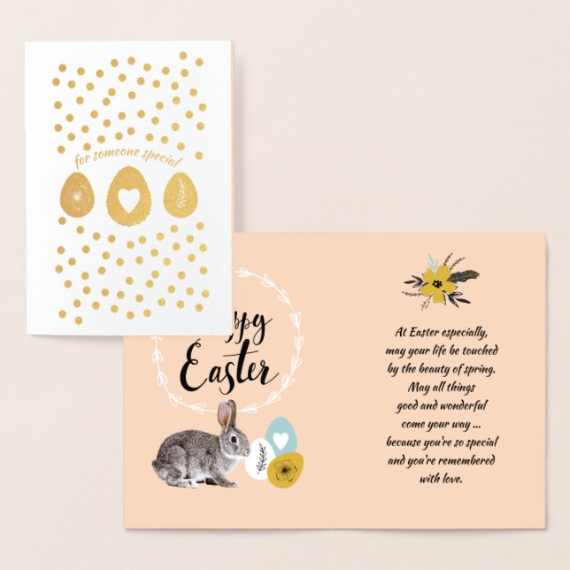 Carte Dorée Joyeux Pâques. Lapin de Pâques (Affichage)