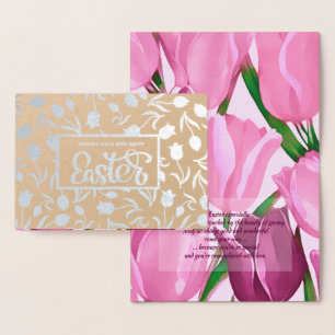 Carte Dorée Joyeux Pâques. Peinture des tulipes printanières