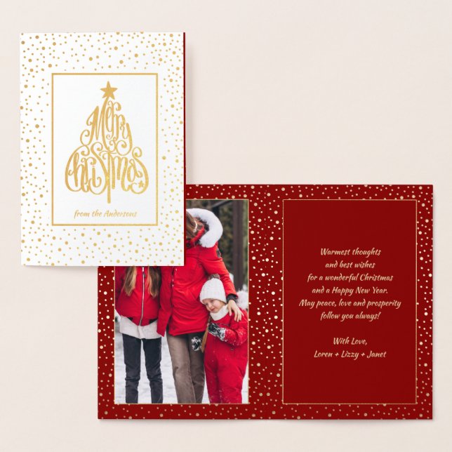 Carte Dorée Joyeux sapin de Noël forme calligraphie photo (Affichage)