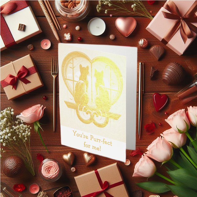 Carte Dorée La belle Saint-Valentin au chat (Cat lover Valentine's foil card.)