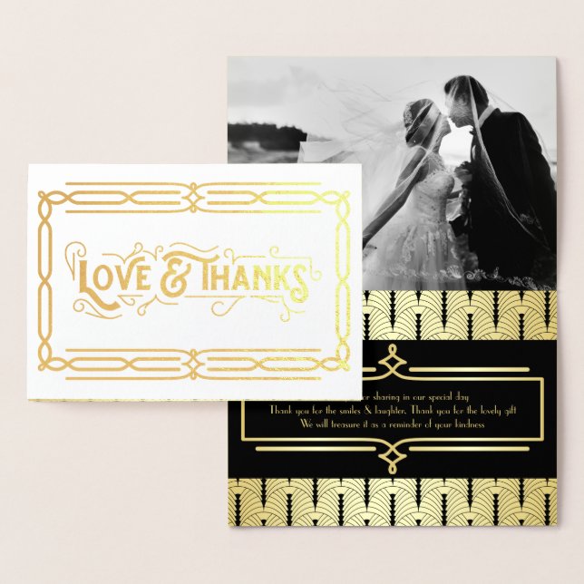 Carte Dorée Love & Merci Art Déco Mariage Gold Black Photo (Affichage)