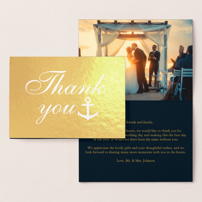 Carte Dorée Mariage bleu marine Merci de  réel or (Affichage)