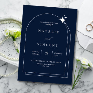 Carte Dorée Mariage Bleu Nuit Céleste Élégant Cadre en Arche
