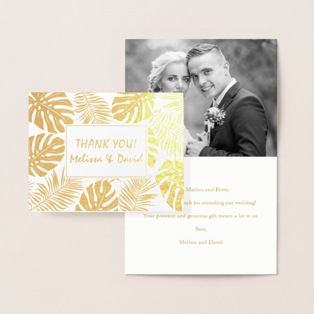 Carte Dorée Mariage feuille tropical Merci photo or (Affichage)