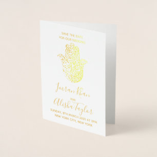 Carte Dorée Mariage indien Enregistrer la date Gold hamsa Henn