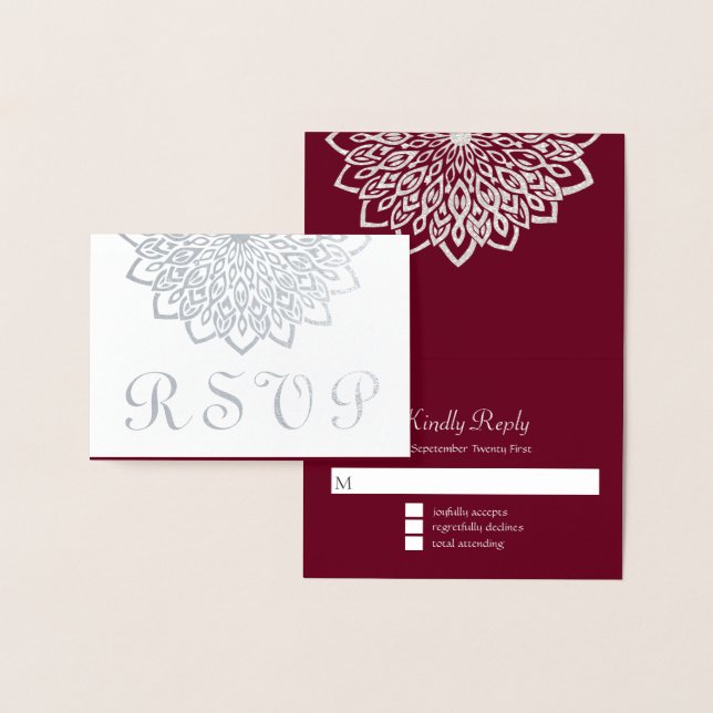 Carte Dorée Mariage RSVP floral élégant en Bourgogne argenté (Affichage)