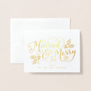 Carte Dorée Marié et Joyeux Noël à la main nouvellement marié