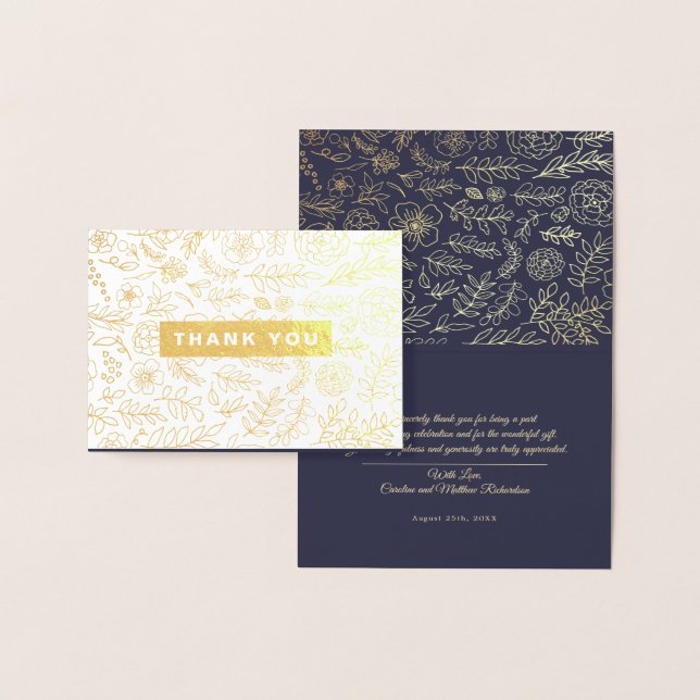 Carte Dorée Marine Blue Gold Floral Merci de luxe Mariage (Affichage)