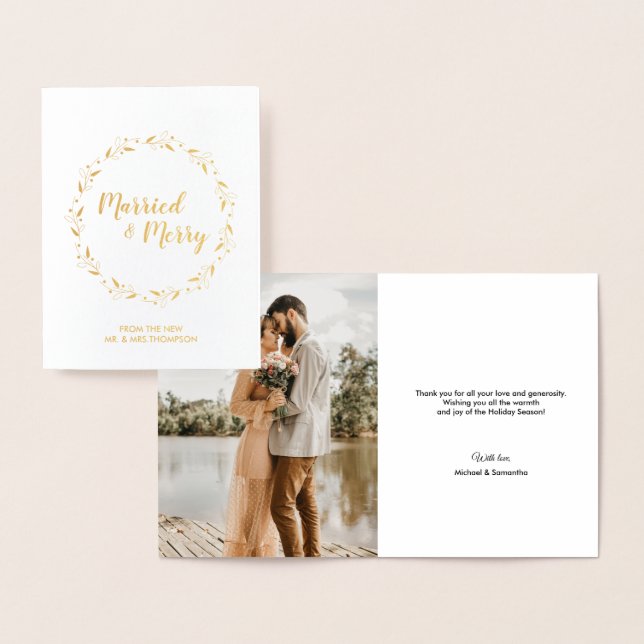 Carte Dorée Marry & Joyeux Mariage de couronne de Noël Photo (Affichage)