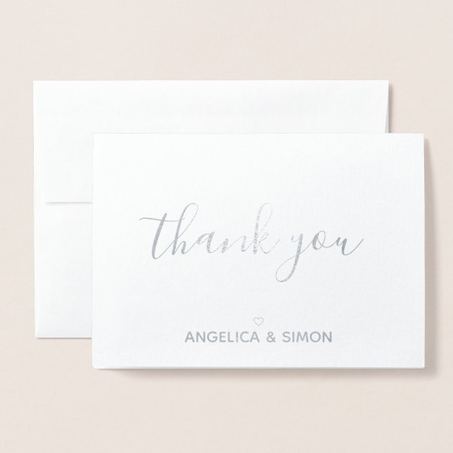 Carte Dorée Merci calligraphie simple Argent personnalisé (Devant avec enveloppe)