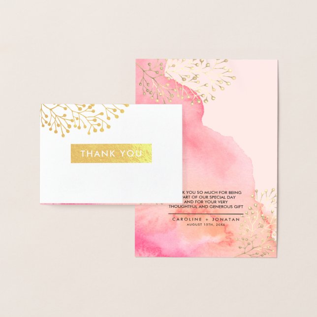 Carte Dorée Merci de Mariage d'aquarelle rose (Affichage)