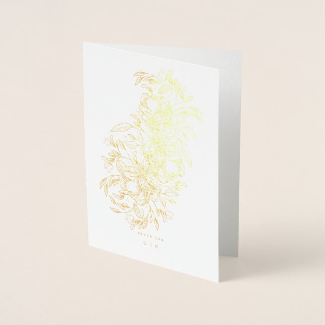 Carte Dorée Merci Elégant Main Tirée Monogramme Botanique (Devant)