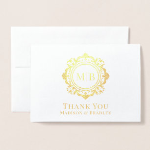 Carte Dorée Merci Mariage de monogramme floral orné