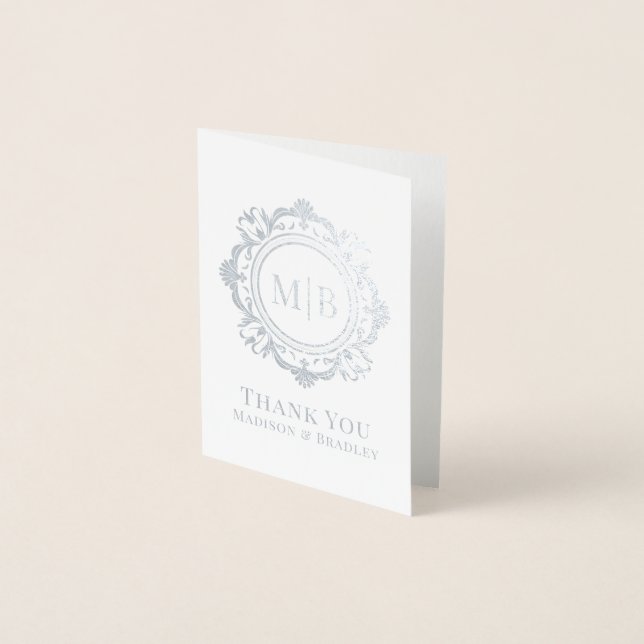 Carte Dorée Merci Mariage de monogramme floral orné (Devant)
