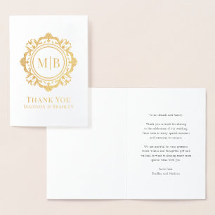 Carte Dorée Merci Mariage de monogramme floral orné