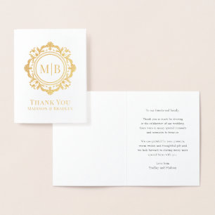 Carte Dorée Merci Mariage de monogramme floral orné
