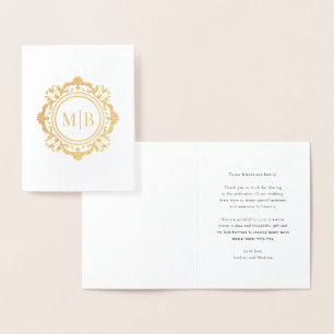 Carte Dorée Merci Mariage de monogramme floral orné