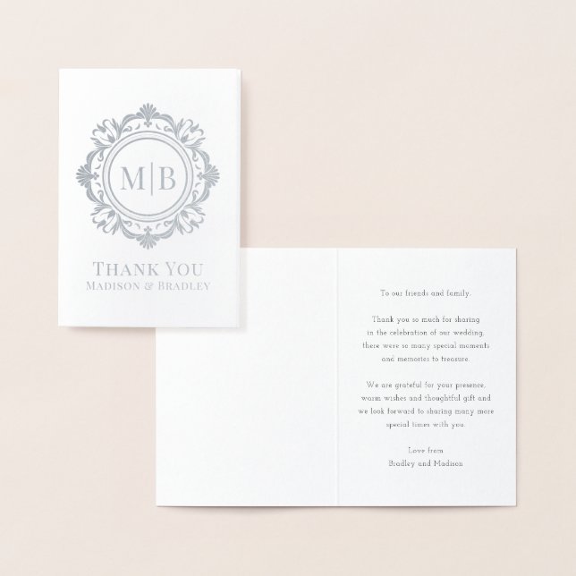 Carte Dorée Merci Mariage de monogramme floral orné (Affichage)