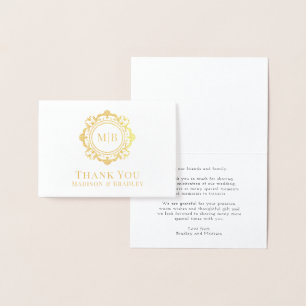 Carte Dorée Merci Mariage de monogramme floral orné