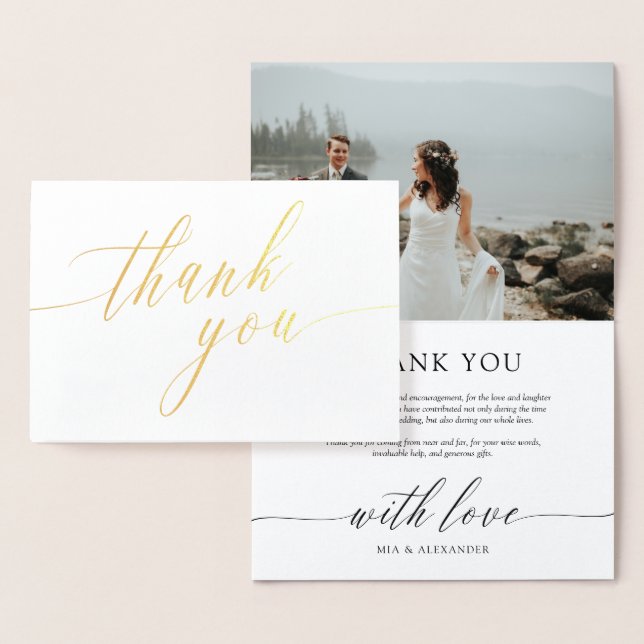 Carte Dorée Merci photo Mariage de calligraphie délicate (Affichage)
