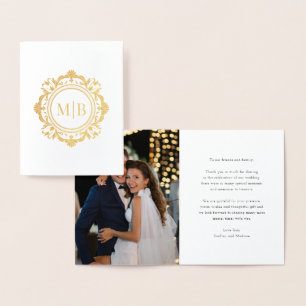 Carte Dorée Monogramme floral orné Merci Mariage photo