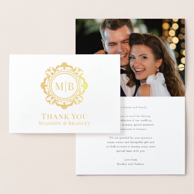 Carte Dorée Monogramme floral orné Merci Mariage photo (Affichage)