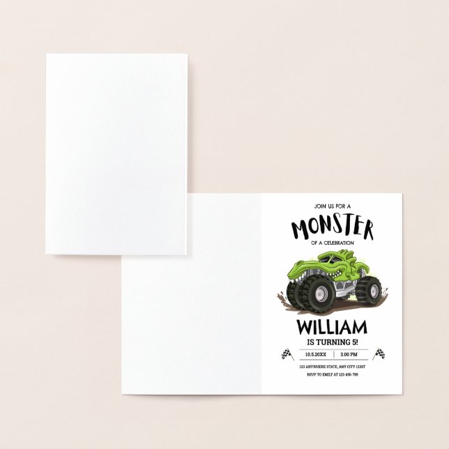 Carte Dorée Monster Truck Anniversaire Invitation, Garçons Ann (Affichage)