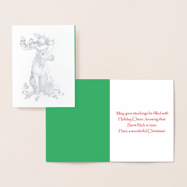 Carte Dorée Noël assis orignal avec cadeaux Whimsical (Affichage)