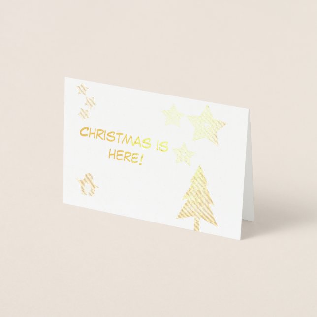 Carte Dorée Noël est ici, pingouin, arbre et étoiles mignonnes (Devant)