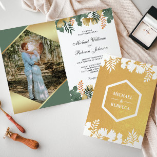 Carte Dorée Or Blanc Géométrique Photo Mariage Tropical