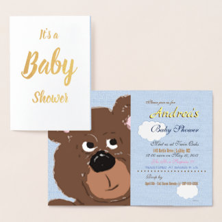 Carte Dorée Ourson en poudre bleu Baby Shower