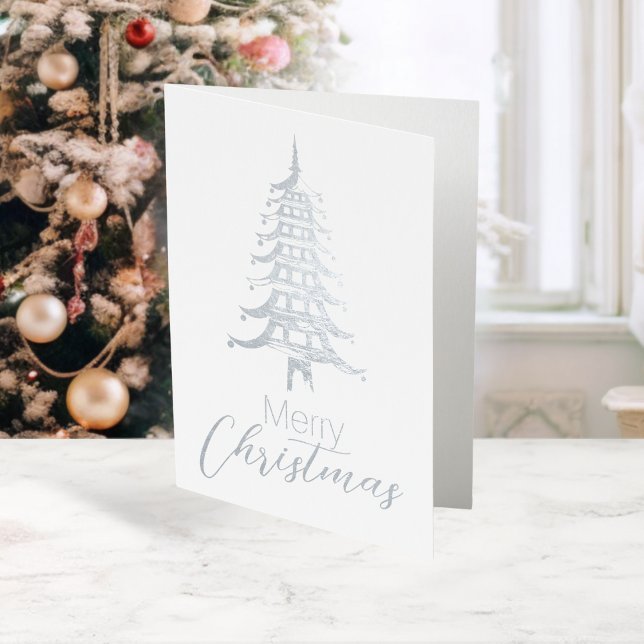Carte Dorée Pagode de Noël Arbre de Noël Pagode en argent (Silver Chinoiserie Pagoda Christmas Tree Foil Foil Card)