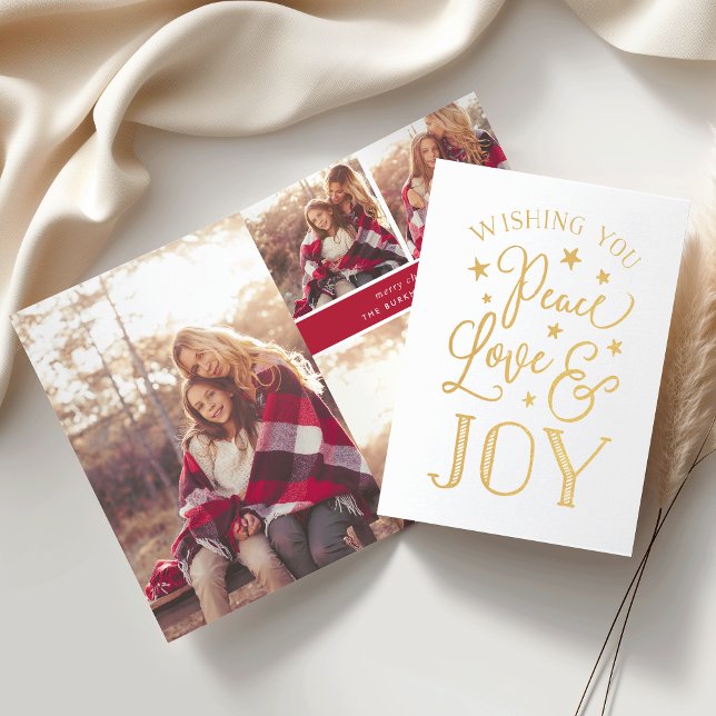 Carte Dorée Paix, amour et joie | Vacances Photo Collage Or (Créateur téléchargé)