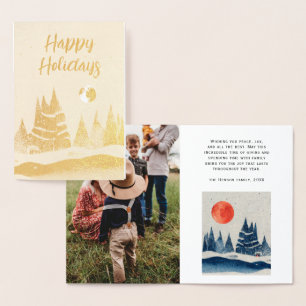 Carte Dorée Paysage d'hiver Forêt Lune Marine Photo Bleue