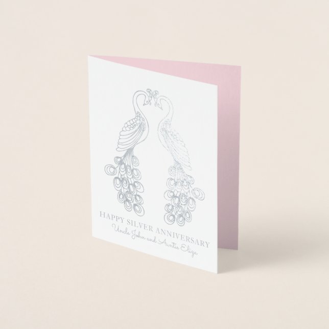Carte Dorée Peacock peahen ligne art couple argent anniversair (Devant)