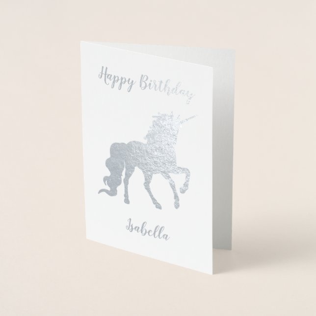 Carte Dorée Personnalisé Joyeux Anniversaire Unicorn Silver (Devant)