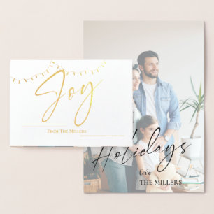 Carte Dorée Photo Cute Joy Nom de famille String Light Christm